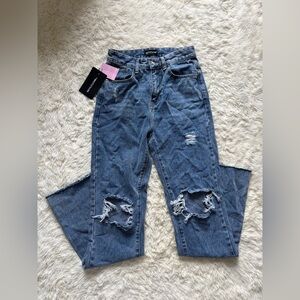 PrettyLittleThing Ripped Blue Straight Leg Jeans